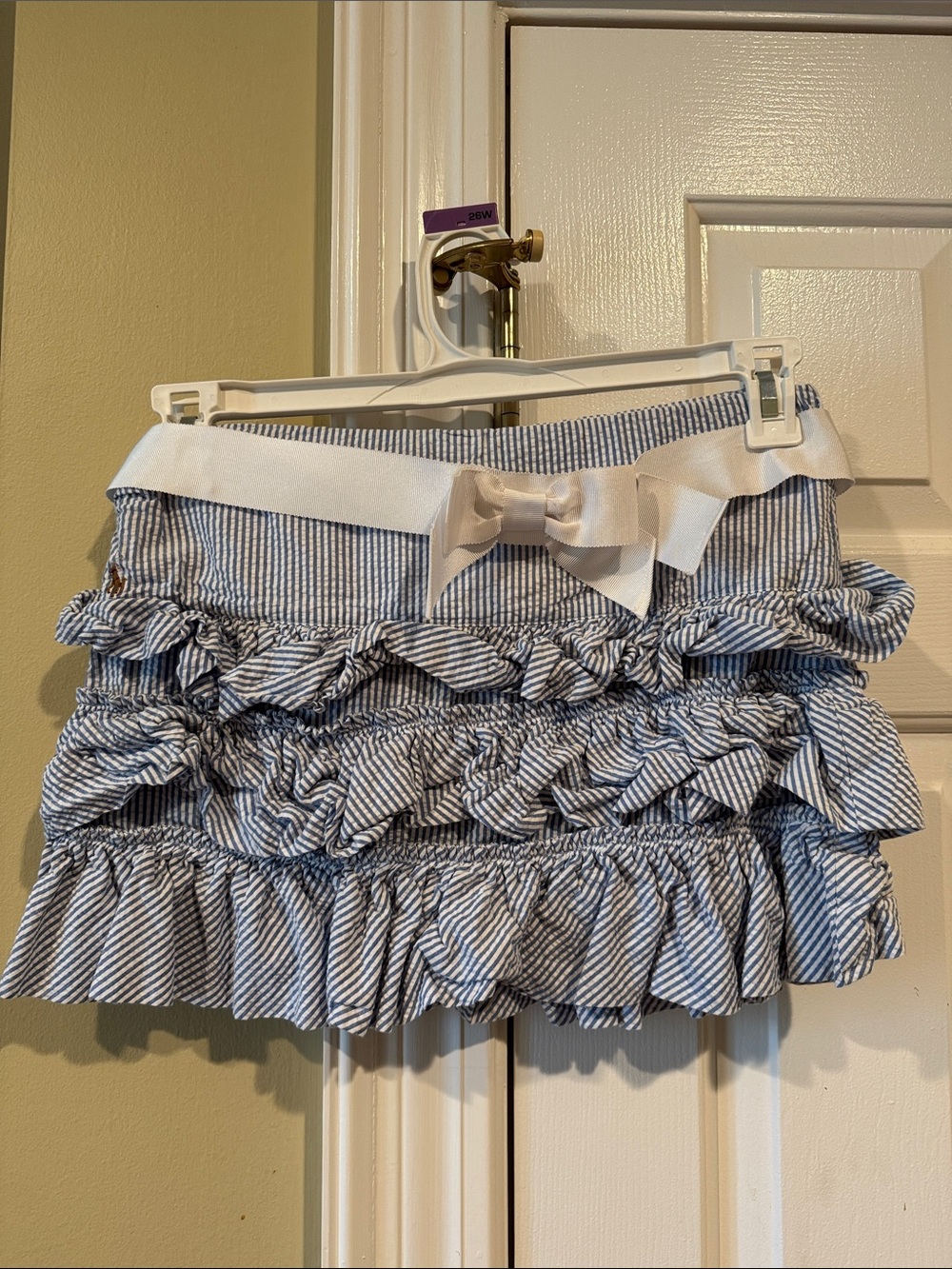 Polo by Ralph Lauren Blue and White Striped Ruffle Mini Skirt with Bow